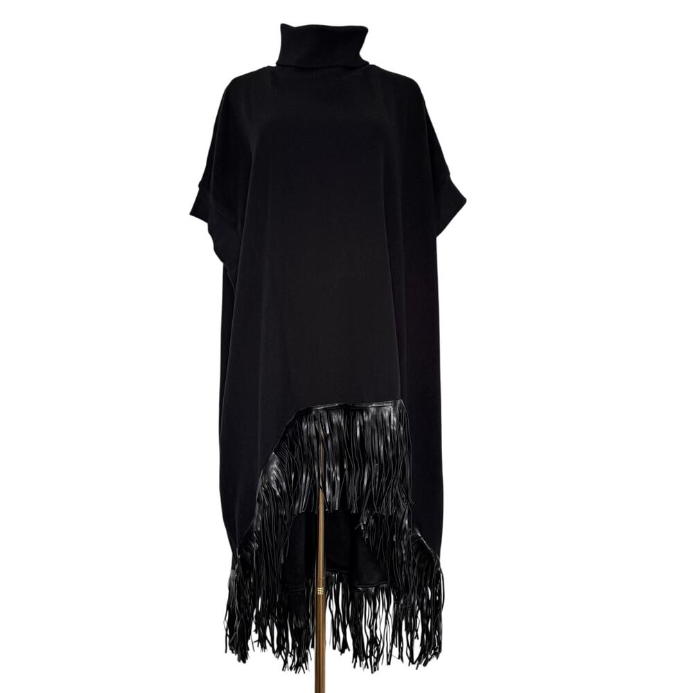 Kate Hewko Hi Lo Fringe Turtleneck Tunic Sweater Black Western Avant Garde OS